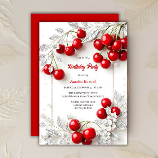 Invitation Elégante fête d'anniversaire aux cerisiers rouges