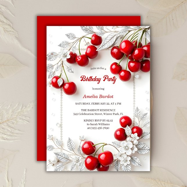 Invitation Elégante fête d'anniversaire aux cerisiers rouges  (Elegant Silver Floral Red Cherry Birthday Party Invitation)
