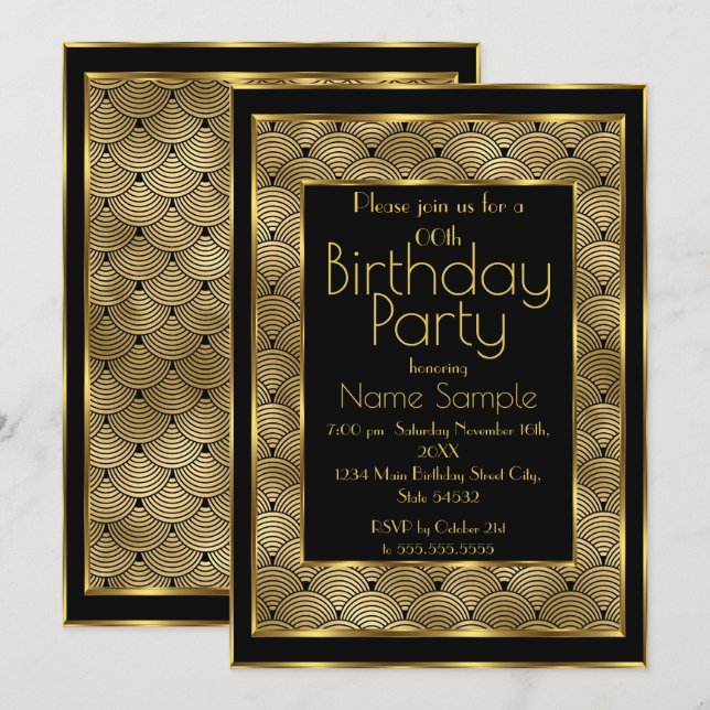 Invitation Élégante fête d'anniversaire Black Gold Art Déco a (Devant / Derrière)