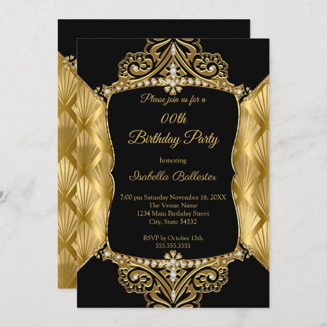 Invitation Élégante fête d'anniversaire Black Gold Faux Diamo (Devant / Derrière)