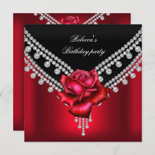 Invitation Élégante fête d'anniversaire Black Red Rose Diamon (Devant / Derrière)