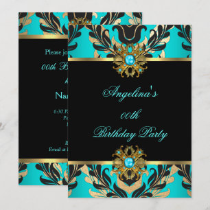 Invitation Élégante Fête d'anniversaire bleu sarcelle damassé