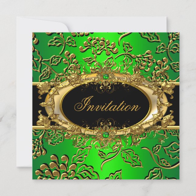 Invitation Elégante fête d'anniversaire Damask Lime Green Gol (Devant)