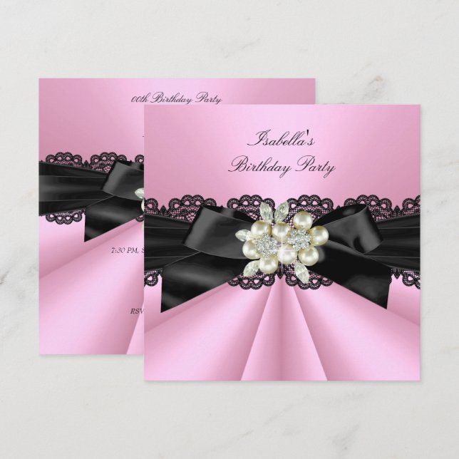 Invitation Élégante fête d'anniversaire de bijou de perle noi (Devant / Derrière)