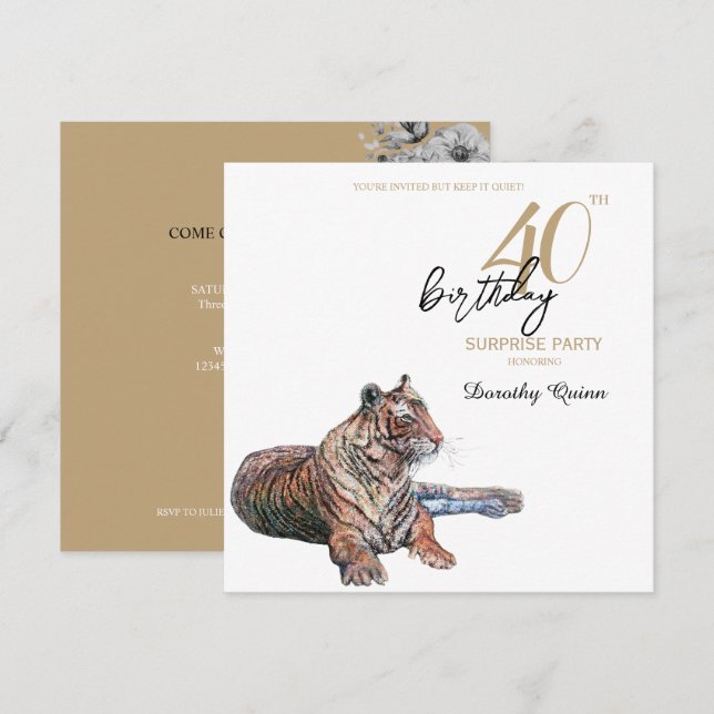 Invitation Elégante fête d'anniversaire de la florale de tigr (Devant / Derrière)