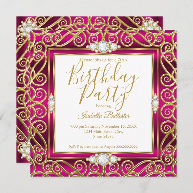 Invitation Élégante fête d'anniversaire Deep Pink Gold Diamon (Devant / Derrière)