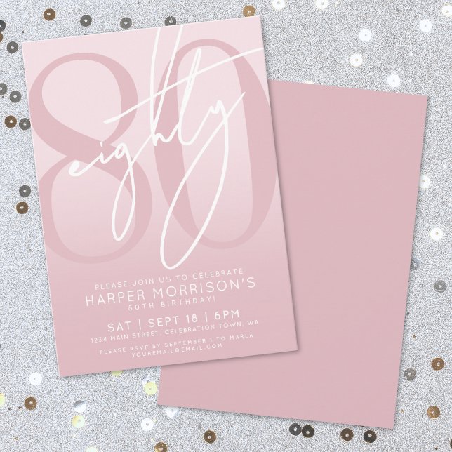 Invitation Elégante Fête d'anniversaire des 80 ans Rose Quatr (Elegant Eighty Pink 80th Birthday Party Invitation)