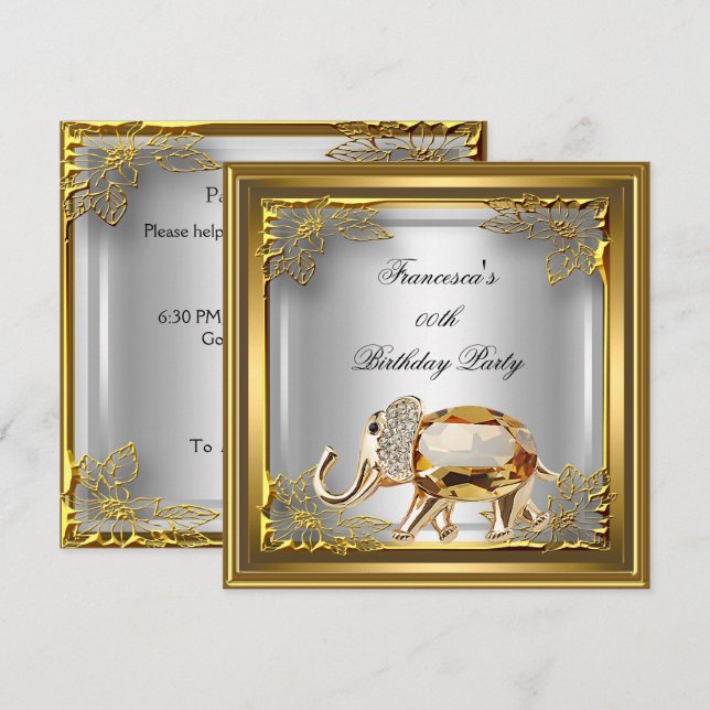 Invitation Élégante Fête d'Anniversaire Élite Eléphant Doré B (Devant / Derrière)
