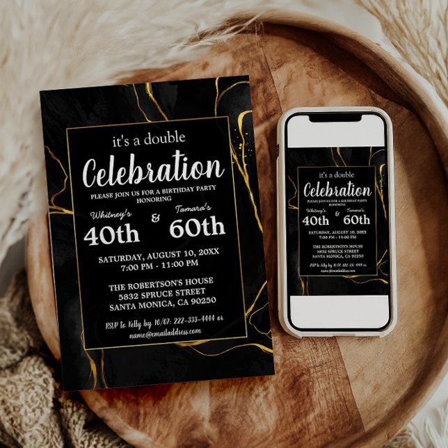 Invitation Élégante fête d'anniversaire en marbre noir et or (Créateur téléchargé)