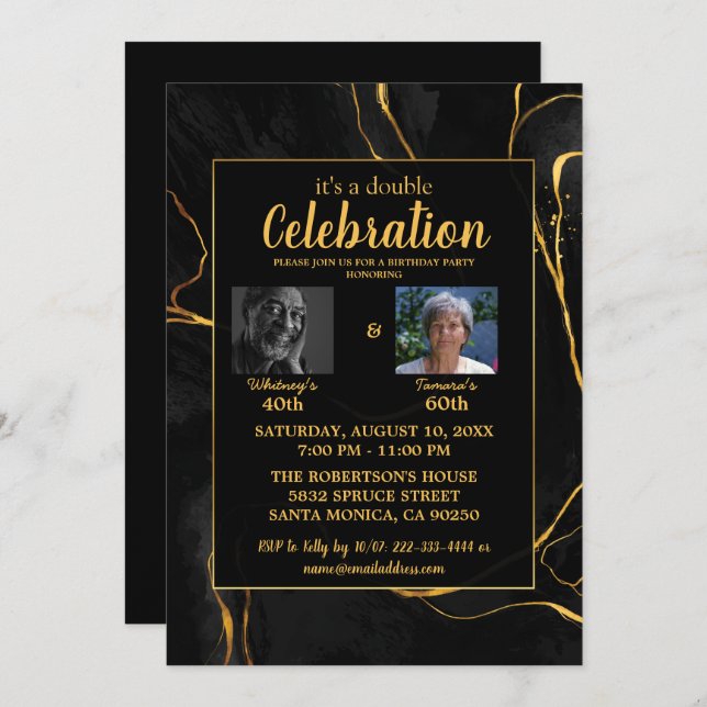 Invitation Élégante fête d'anniversaire en marbre noir et or (Devant / Derrière)