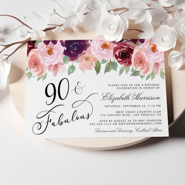 Invitation Elégante fête d'anniversaire Floral Bourgogne rose (Celebrate her 90 years of life with an elegant floral birthday party invitation  🎉 🎂 🥂)