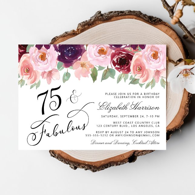 Invitation Élégante fête d'anniversaire Floral Bourgogne rose (Créateur téléchargé)
