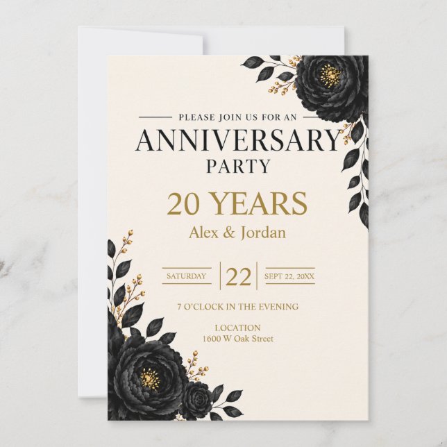 Invitation Élégante fête d'anniversaire florale noire (Devant)