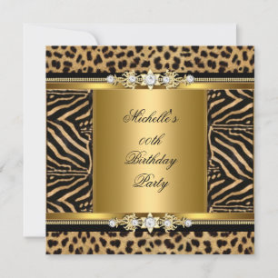 Invitation Élégante fête d'anniversaire Gold Black Zebra Leop