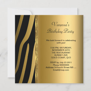 Invitation Élégante fête d'anniversaire Gold Black Zebra Stri