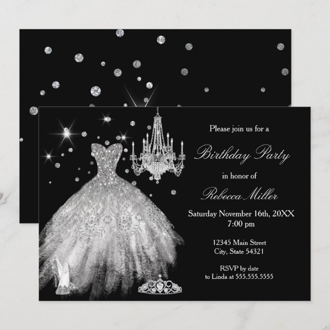 Invitation Élégante fête d'anniversaire noir blanc talons arg (Devant / Derrière)