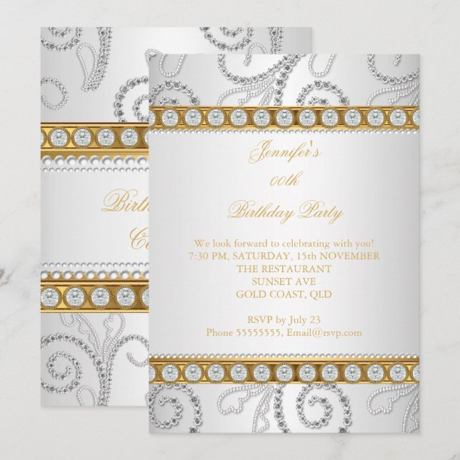 Invitation Élégante fête d'anniversaire or blanc diamant perl (Devant / Derrière)