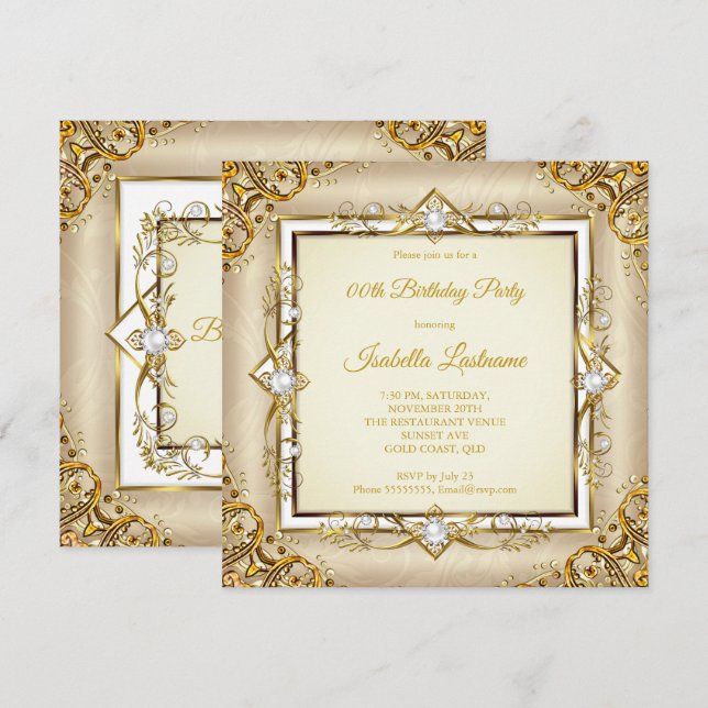 Invitation Élégante Fête d'anniversaire Or Blanc Perle Beige (Devant / Derrière)