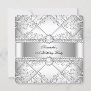 Invitation Élégante Fête d'Anniversaire Perle et Dentelle Arg