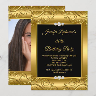 Invitation Élégante Fête d'Anniversaire Photo en Damassé Or