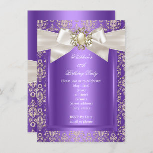 Invitation Elégante fête d'anniversaire Purple Damask Pearl C