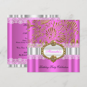 Invitation Élégante fête d'anniversaire rose chaud doré damas