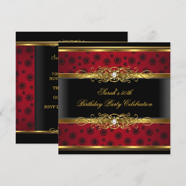 Invitation Élégante fête d'anniversaire Rouge Black Gold Lace (Devant / Derrière)