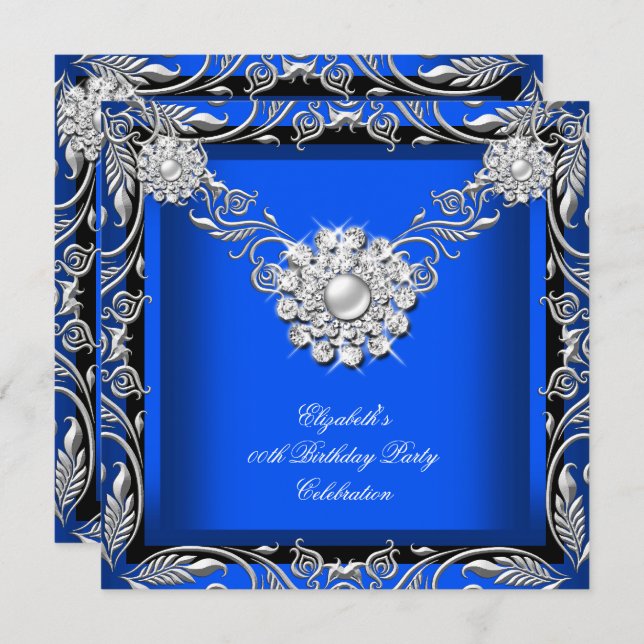 Invitation Elégante fête d'anniversaire Royal Blue Black Silv (Devant / Derrière)