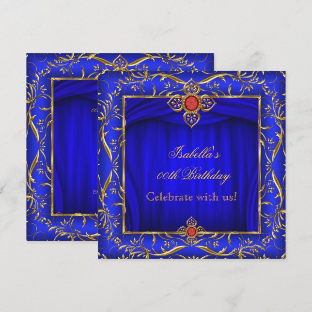 Invitation Élégante fête d'anniversaire Royal Blue Red Gold (Devant / Derrière)