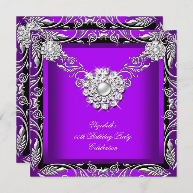 Invitation Élégante fête d'anniversaire Royal Purple Black Si (Devant / Derrière)