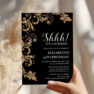 Invitation Élégante fête d'anniversaire surprise Shhh noir et