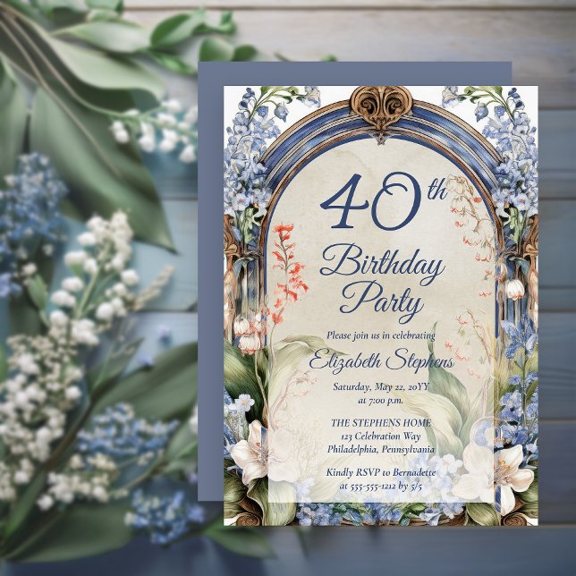 Invitation Élégante Fête de 40e anniversaire de l'Arc Floral  (Elegant Baroque Garden Floral Arch 40th Birthday Party Invitation - Print | Digital Download)