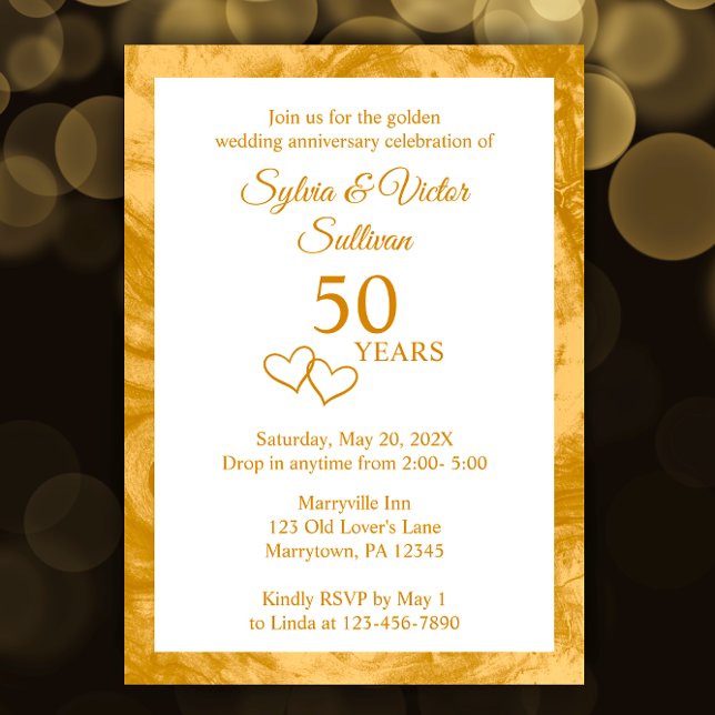 Invitation Élégante fête de 50e anniversaire sur mesure en or (Personalize this elegant invitation template with your golden 50th anniversary party details.
)
