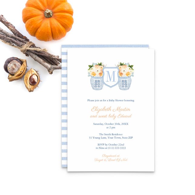 Invitation Élégante fête de Baby shower d'automne Monogram Cr (Fall Floral Monogram Baby Boy Shower Invitation)