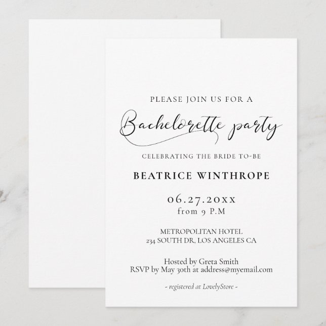Invitation Élégante fête de Bachelorette calligraphiée romant (Devant / Derrière)