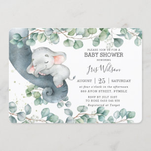 Invitation Élégante Fête de Bébé Fille à Thème Éléphant et Fe
