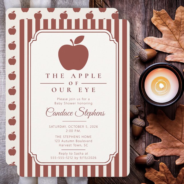 Invitation Élégante Fête de Bébé L'Apple de Nos Yeux (Elegant apple orchard baby shower invitation with burgundy stripes and timeless stationery styling.)
