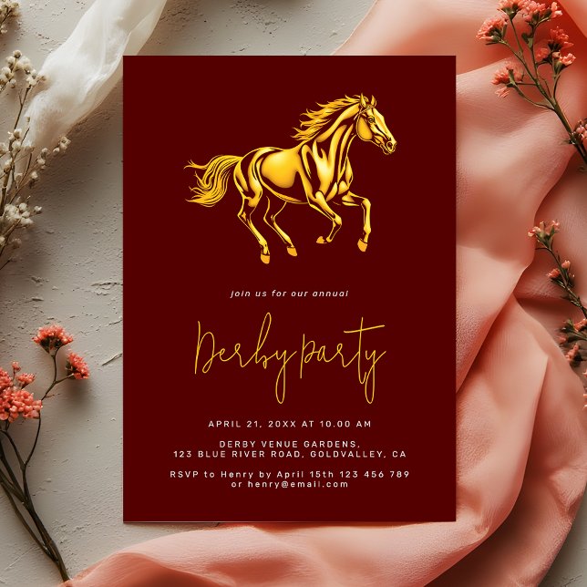 Invitation Élégante fête de Derby de cheval alezan doré  (Créateur téléchargé)