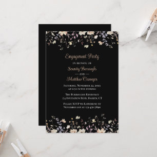Invitation Élégante Fête de Fiançailles Florale Sauvage Noire
