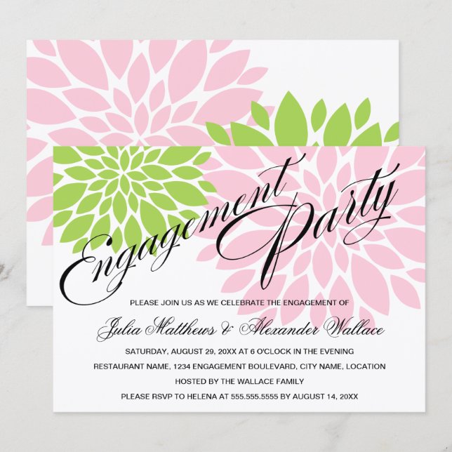Invitation Élégante fête de fiançailles florales rose vert (Devant / Derrière)