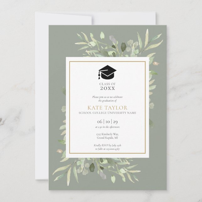 Invitation Élégante fête de fin d'études avec verdure de saug (Devant)