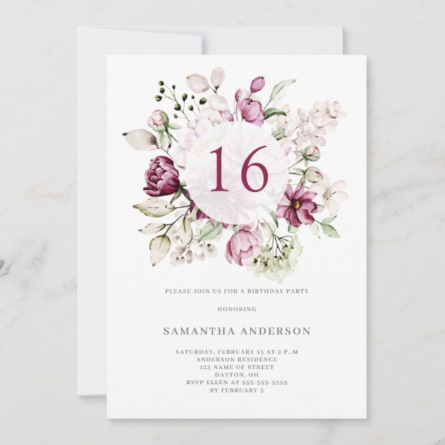 Invitation Élégante fête de fleurs roses 16e anniversaire (Devant)