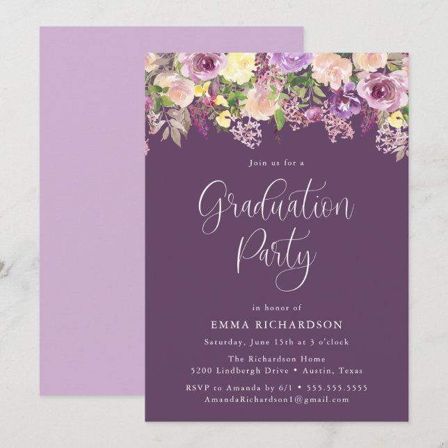 Invitation Élégante Fête de Graduation Florale Radiant Purple (Devant / Derrière)
