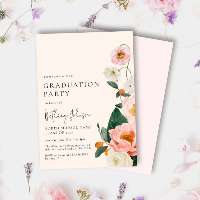 Invitation Élégante fête de graduation florale rose pâle (Créateur téléchargé)