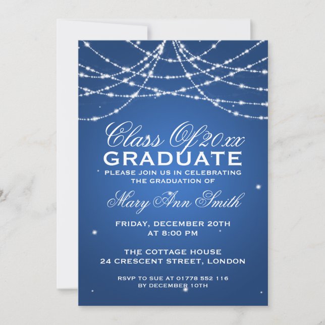 Invitation Élégante fête de graduation Sparkling String Bleu (Devant)