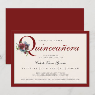 Invitation Elégante fête de la Quinceanera bordeaux et bleu f