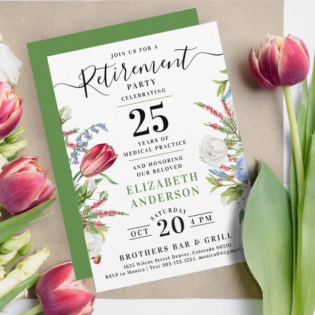 Invitation Élégante fête de la retraite florale verte (Créateur téléchargé)