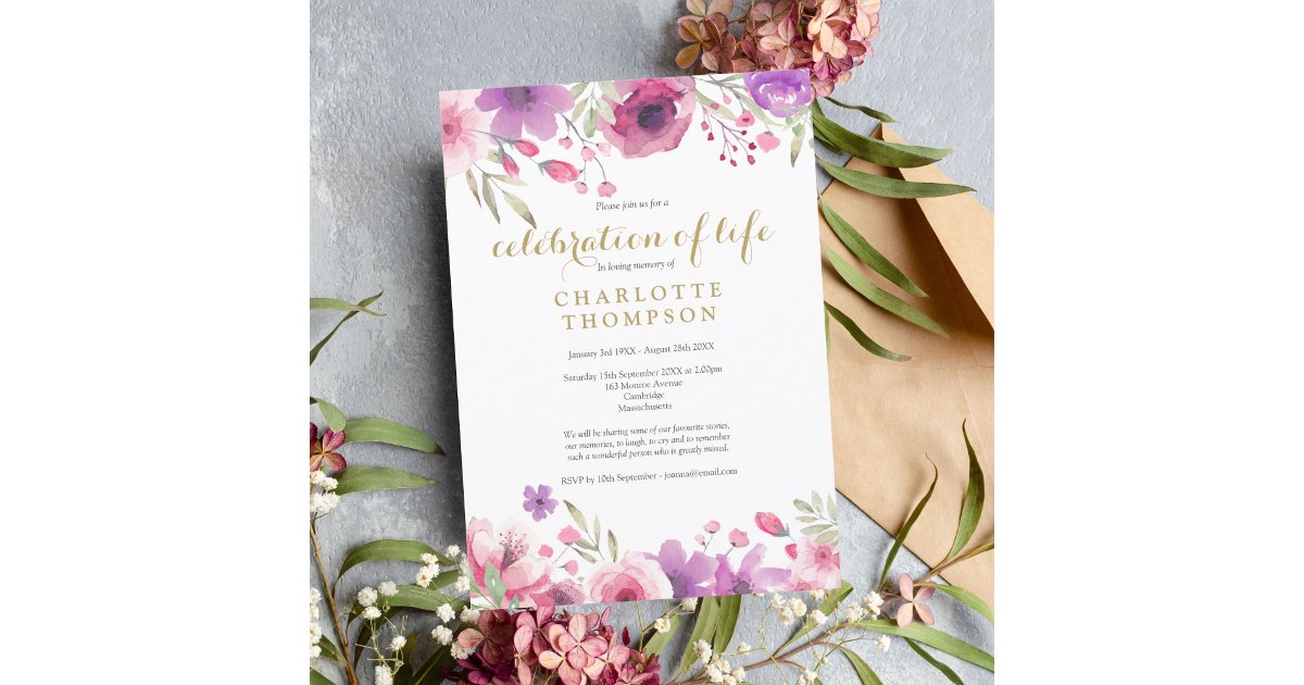 Invitation Élégante fête de la vie rose aquarelle Floral | Zazzle.fr