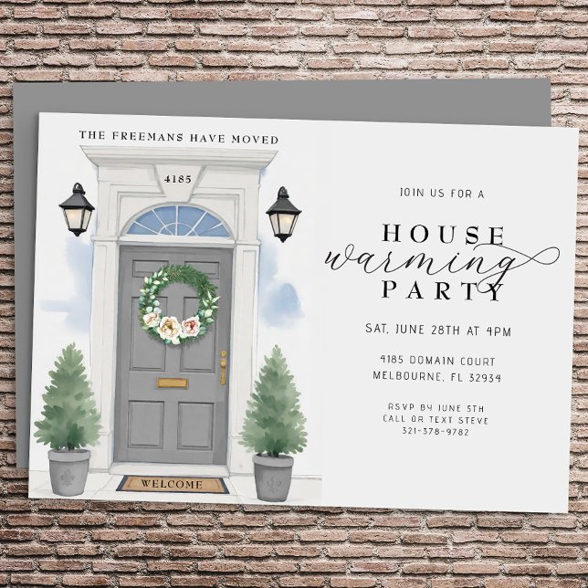 Invitation Elégante fête de l'aquarelle (Grey Door Housewarming Party Invite)