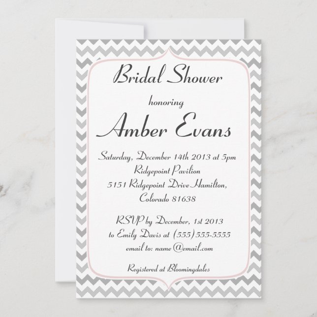 Invitation Elégante Fête de l'mariée de Chevron rose et gris (Devant)